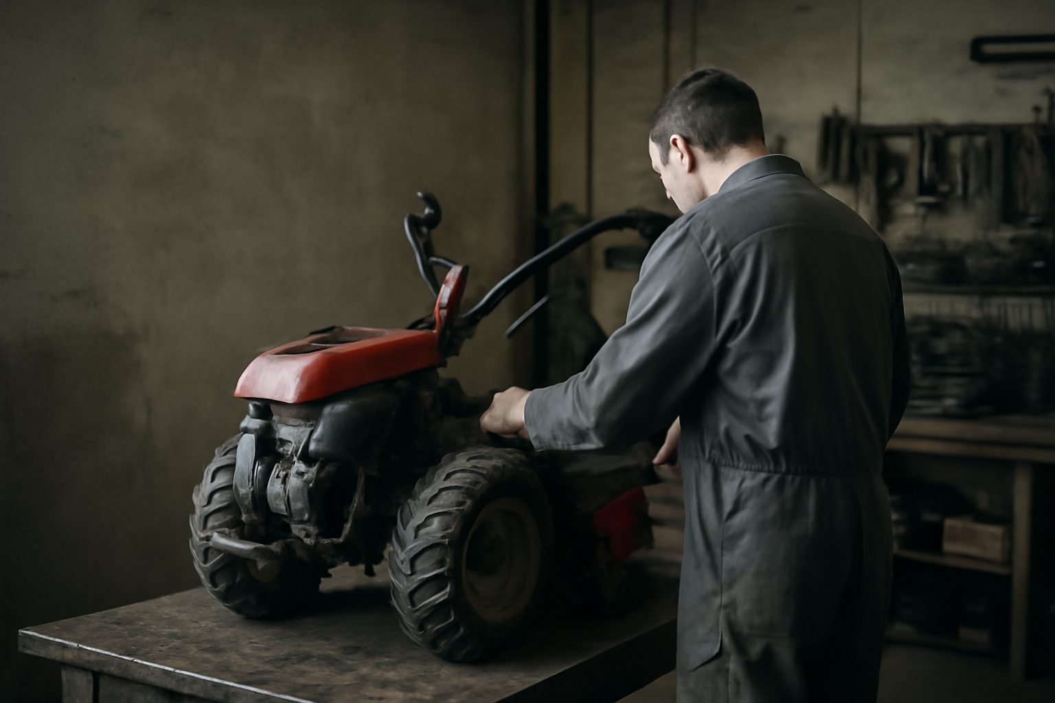 Mécanicien réparant un motoculteur à l’établi de l’atelier